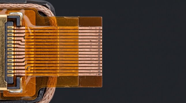 Creative Close-up of HDMI connector, golden pins, copper cable, technology detail 2k