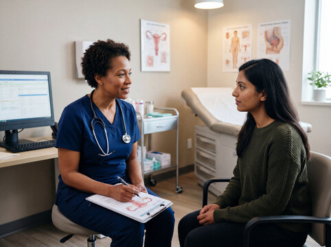 A woman sits in a chair talking to a gynecologist before a cervical screening. The doctor is taking notes and explaining the process in a health clinic