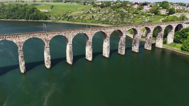 Aerial view of Berwick bridges and River Tweed, Berwick-upon-Tweed, United Kingdom