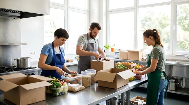 People preparing food and packing goods in a kitchen environment