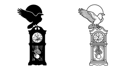 Raven and Grandfather Clock Icon: A striking black and white graphic featuring a raven perched atop a vintage grandfather clock, silhouetted against a full moon, symbolizing time and mystery. © Harun