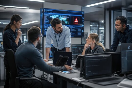 Cybersecurity team collaborating on network threat response in a high-tech operations center