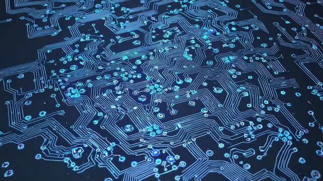 Abstract blue circuit board design with intricate patterns and glowing elements, showcasing the complexity of electronic connections in a dark background environment