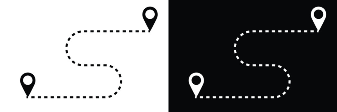 Route icon between two points with dotted path
isolated on white and black background
