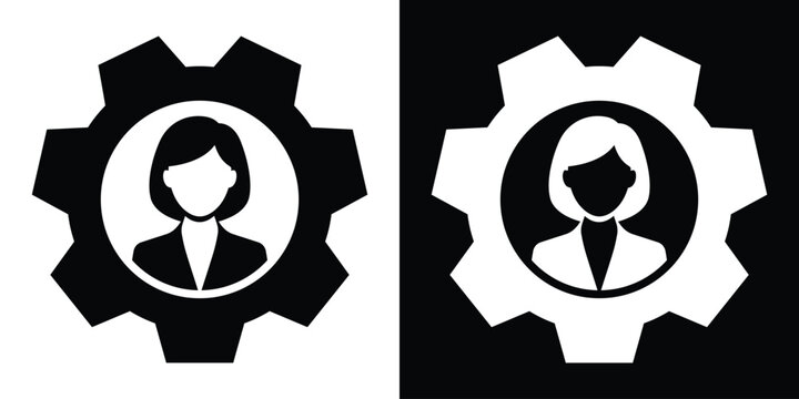 Minimalist businesswoman profile icon inside a mechanical cogwheel. Corporate management, human resources and female workforce development icon.
