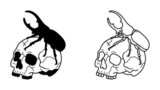 Skull and Beetle: A striking illustration featuring a rhinoceros beetle perched atop a human skull, presented in both silhouette and line art styles, evoking themes of nature's power and mortality.