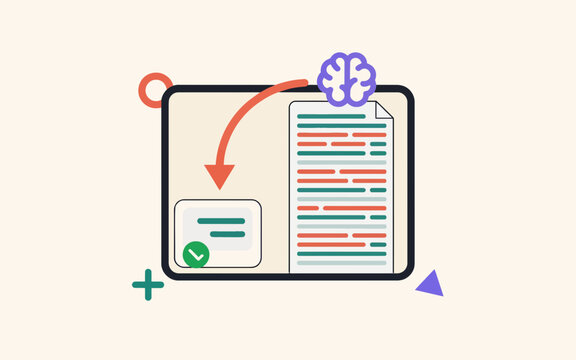 Intelligent text summarization and data analysis concept on tablet screen with brain icon and processed document