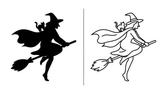 Witch and Cat Silhouette: A mystical witch with flowing cape and pointed hat rides a broomstick, accompanied by a curious cat, depicted in both a solid silhouette and a clean line art illustration.