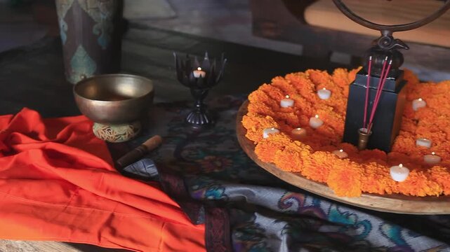 Zen Meditation Decor with Incense Sticks and Tea Light Candles Close Up