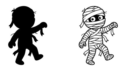 Cartoon Mummy and Silhouette: A cute, cartoon-style mummy character with wide eyes and bandages stands next to its black silhouette, ready for a spooky Halloween adventure. © Kuddus