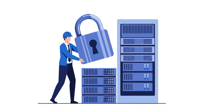Cybersecurity Concept Illustration of IT Professional Securing Server Rack with a Large Padlock for Data Protection and Network Safety
