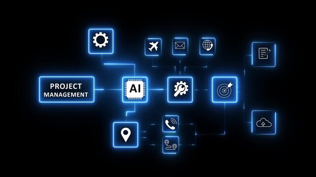 A glowing neon project management concept surrounded by smaller icons for ai and manufacturing process management all connected in a digital circuit like pattern, 4k motion video on transparent.