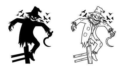 Scarecrow Silhouette and Outline: A spooky scarecrow, complete with a menacing grin and ragged clothes, stands guard over a fence, surrounded by a flock of ominous birds. © Takiya