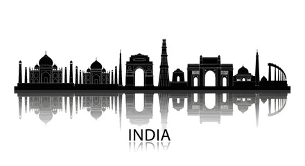 Obraz premium India Skyline Silhouette Reflection - Famous Landmarks Cityscape