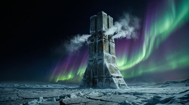 Creative Abandoned industrial tower, Arctic landscape, Northern Lights, icy terrain, frozen structure 2k