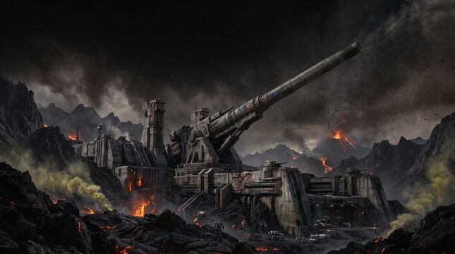 Creative Dark fantasy landscape, ruined castle, large cannon, post-apocalyptic scene, dramatic mountains 2k