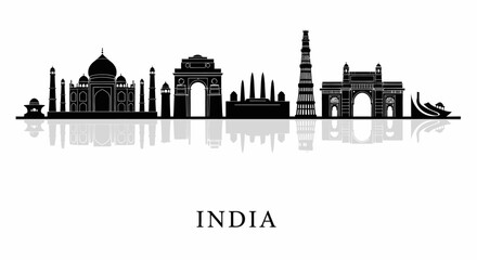 Fototapeta premium India Skyline Silhouette: Taj Mahal, India Gate, Qutub Minar, Landmarks