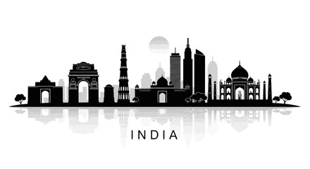 Naklejka premium India Skyline Silhouette with Famous Landmarks and Reflection