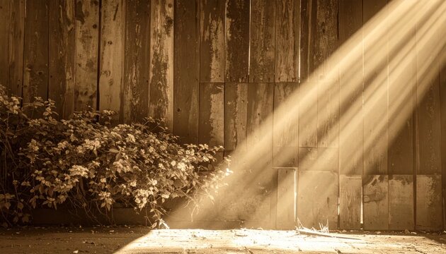 Dramatic Sunbeams Illuminate Rustic Wooden Wall with Overgrown Bush