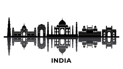 Obraz premium Iconic Indian Landmarks Skyline Silhouette Reflection.