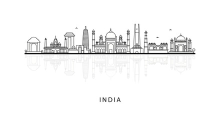 Fototapeta premium Iconic Indian Landmarks Skyline Silhouette - Taj Mahal, India Gate, etc.