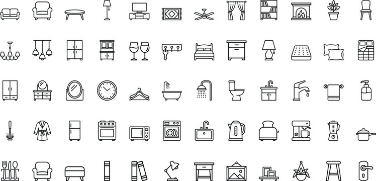 Grid of black line representing home interior furniture appliances bathroom fixtures and kitchenware on a white background