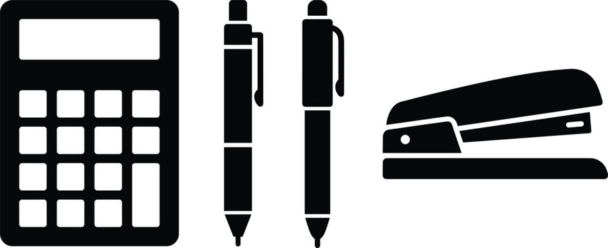 Black silhouette office stationery set with electronic calculator mechanical pens and stapler vector icon collection on white background