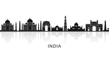 Naklejka premium India Skyline Silhouette Black White - Famous Landmarks Panoramic Vector