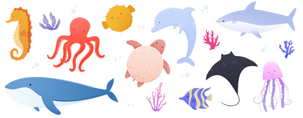 Cute sea creatures vector illustration set, funny underwater animals and ocean wildlife with whale, shark, dolphin, octopus and sea turtle for kids design isolated on white background © Sentis Art