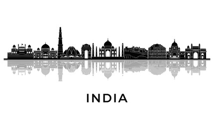 Obraz premium India Skyline Silhouette: Iconic Landmarks in Black and White Reflection