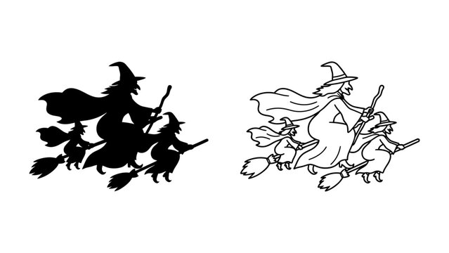 Witchcraft Silhouette and Outline: Two illustrations of witches flying on broomsticks, one a solid black silhouette and the other a detailed line drawing, capturing the magical essence of the occult.