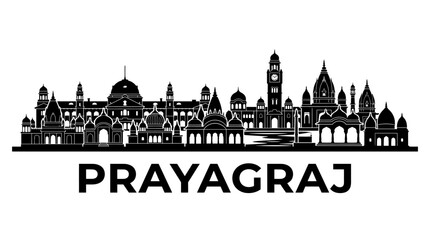 Obraz premium Prayagraj City Silhouette Skyline, India - Iconic Architecture In Black And White
