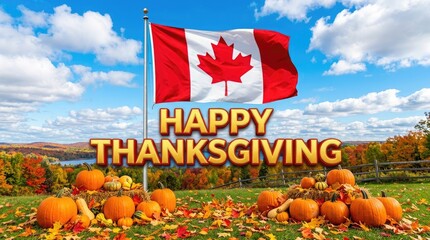 Canadian thanksgiving celebration festive pumpkins autumn foliage and a waving canadian flag for a grateful holiday