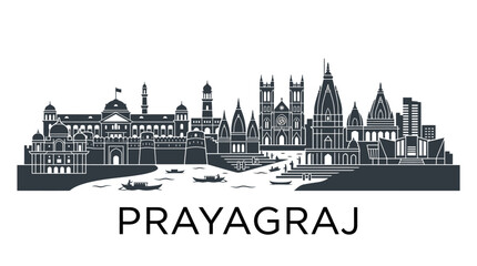 Fototapeta premium Prayagraj city skyline silhouette with river and boats, India.