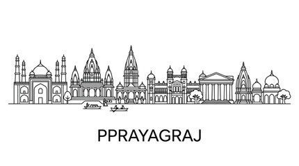 Obraz premium Prayagraj Cityscape Drawing. Indian Temples and Buildings. Outline Skyline.