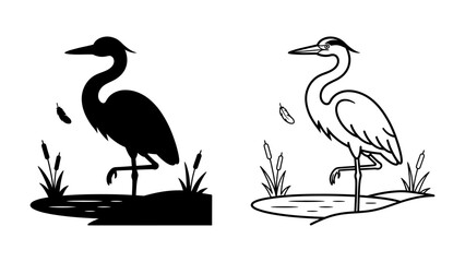 Heron Silhouette and Outline: A stylized heron stands on one leg amidst reeds and water, presented in both a solid silhouette and a clean outline, ideal for graphic design. © Sajid