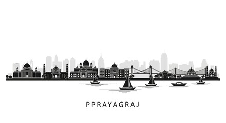 Obraz premium Prayagraj Cityscape Silhouette Black and White with Boats