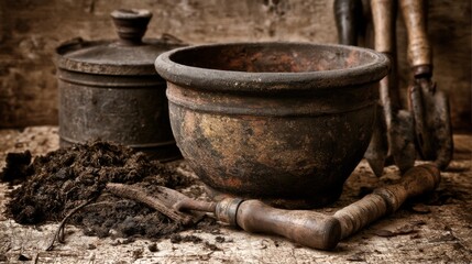 Fototapeta premium Rustic pot on wooden table with garden tools and soil, showcasing the beauty of vintage gardening equipment and the art of plant cultivation in a serene setting