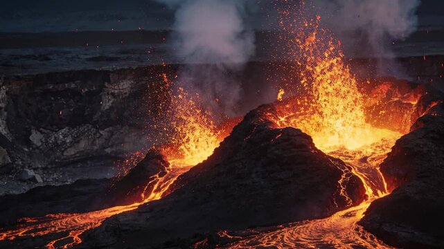 Roaring volcanic vent sending molten fountains at night on coast, magma rising, flooding channels