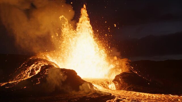 Erupting vent releasing lava fountain at night after surge, sending glowing drops into lava flow