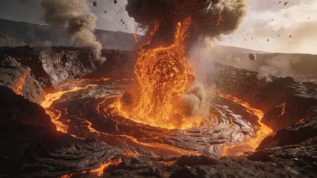 Rising magma column at vent fueling eruption at crater rim, lava whirlpool ejecting fragments