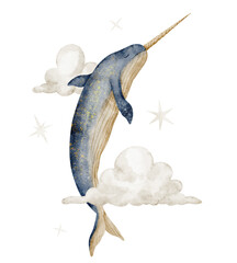 Narwhal with clouds and stars watercolor illustration in pastel colors. Isolated underwater animal in the sky. Fantasy arctic marine cetacean for nursery poster, ocean themes and storybook artwork. © Alisles