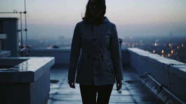 Walking woman in light coat approaching lens on wet rooftop at dusk passing parapet vent antenna