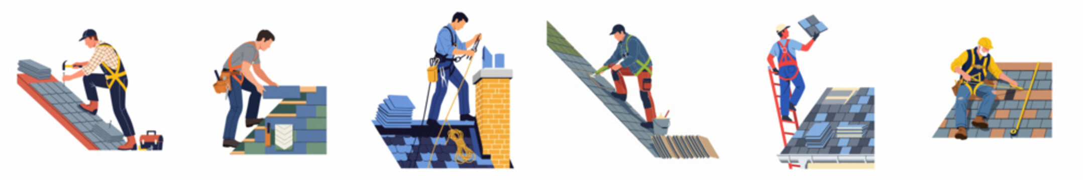 Set of professional roofers installing, repairing, and maintaining roof tiles on different types of roofs using various tools and safety equipment in flat style.