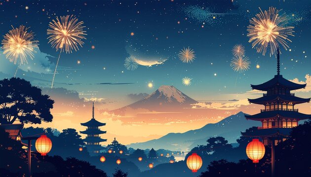 Modern Japanese summer festival night with lanterns and fireworks, nostalgic ukiyo-e style