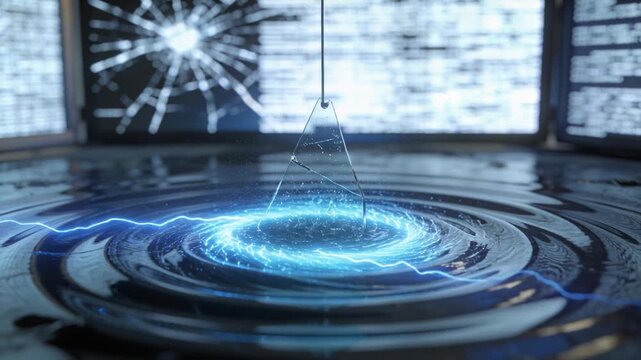 Vortex glowing sending blue arcs charging hanging shard from wire above pool, left screen cracked