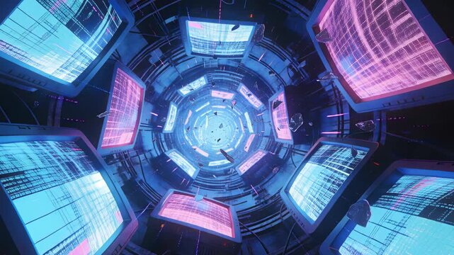 Reacting to monitor pulse, blue hologram hand probing central data tunnel, passing fragments