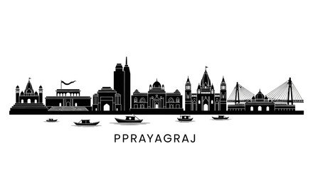 Obraz premium Prayagraj India Skyline Silhouette with Boats and River