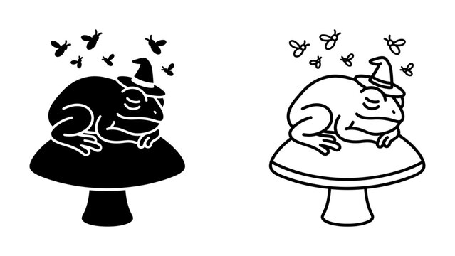 Sleeping Frog with a Wizard Hat on a Mushroom and Flies around it