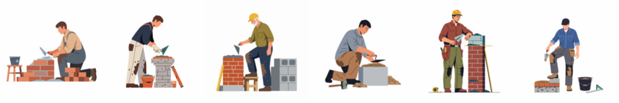 Set of professional male masons and bricklayers constructing brick and block walls using various tools, isolated on a white background.